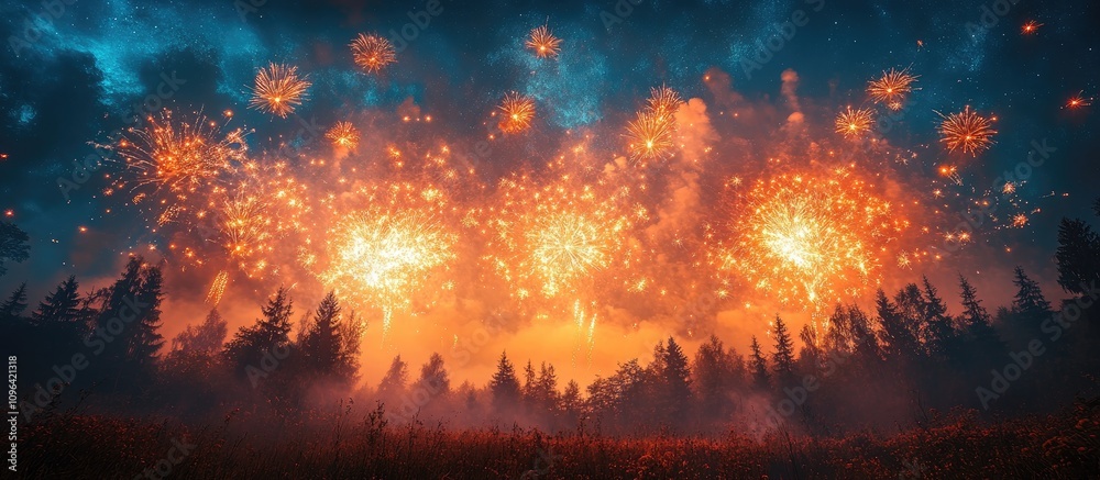 Vibrant fireworks display illuminating the night sky over a serene forest landscape at dusk Vibrant fireworks display illuminating the night sky over a serene forest landscape at dusk