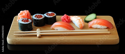 Gourmet sushi selection on wooden board featuring nigiri maki and chopsticks with cucumbers and watermelon dessert on a black background photo