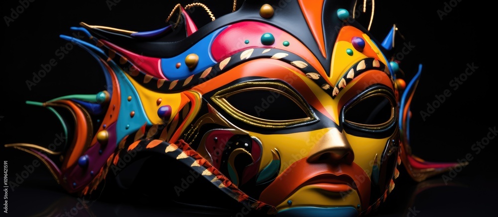 Fototapeta premium Colorful carnival mask featuring intricate designs and vibrant hues displayed against a dark background for a festive atmosphere.