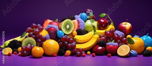 Fototapeta Naklejka Na Ścianę i Meble -  Vibrant assortment of fruits and candies beautifully arranged on a rich violet background for creative and colorful compositions.