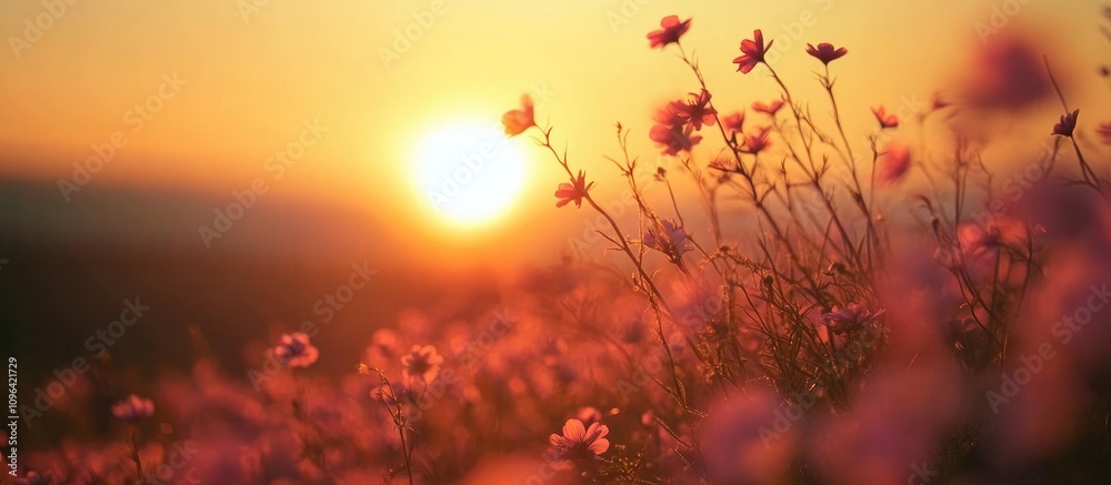 Serene sunset over a field of blooming flowers creating a tranquil holiday atmosphere Serene sunset over a field of blooming flowers creating a tranquil holiday atmosphere