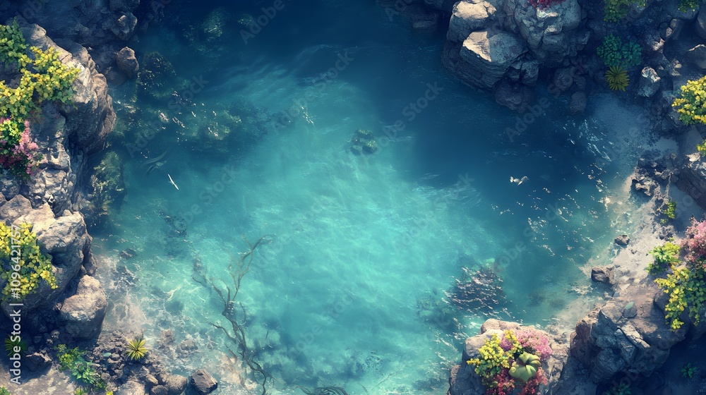 Obraz premium A serene underwater cove with vibrant flora, showcasing crystal-clear blue water.