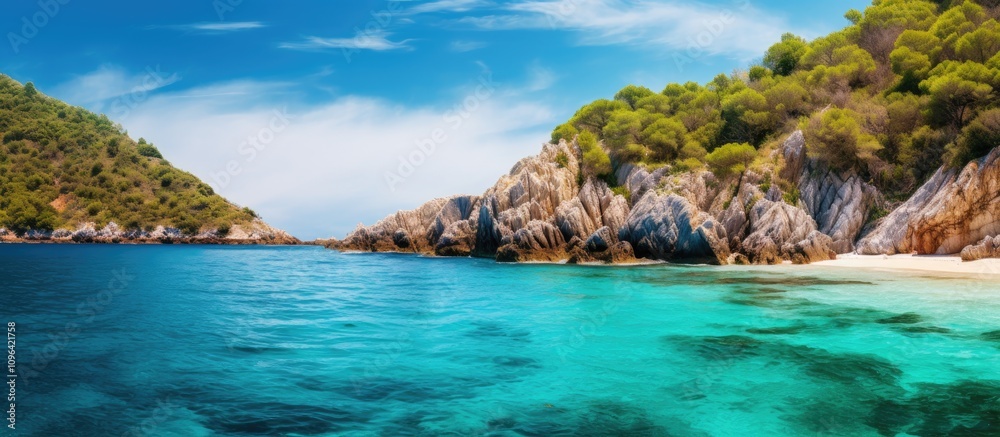 Serene turquoise sea waters lapping against rocky shores of a pristine tropical island with lush greenery under a clear blue sky