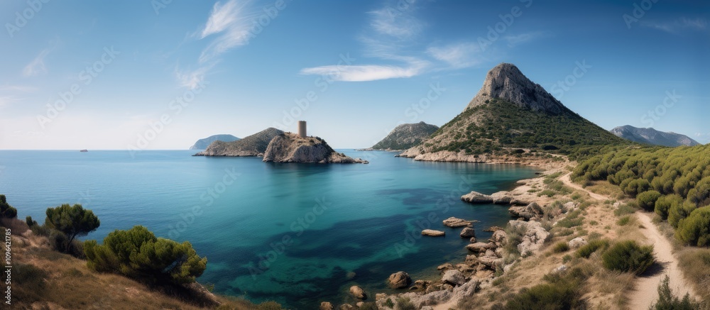 Panoramic view of Cala Porticciolo gulf showcasing Torre del Porticciolo tower surrounded by serene coastal landscape and clear blue waters Panoramic view of Cala Porticciolo gulf showcasing Torre del Porticciolo tower surrounded by serene coastal landscape and clear blue waters