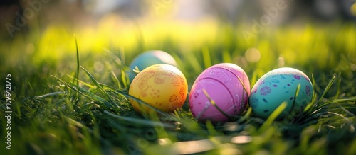 Colorful Easter eggs resting on vibrant green grass in a sunlit spring setting symbolizing the joy of the holiday season.