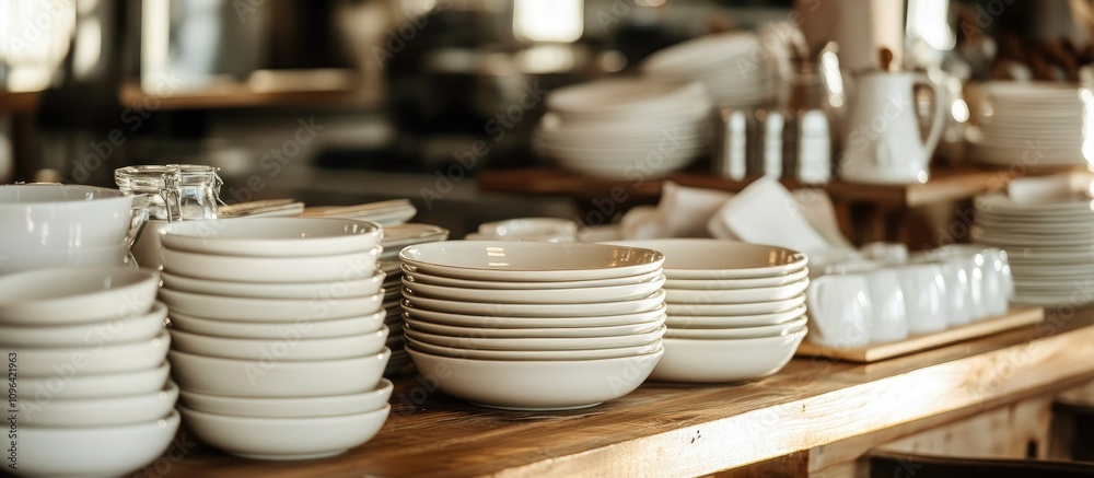 Elegant ceramic serving dishes neatly arranged on a wooden cafe table showcasing a warm and inviting dining atmosphere.