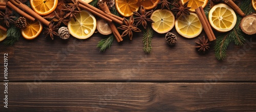 Natural zero waste wreath elements featuring dried oranges pine cones cinnamon sticks on a rustic wooden table background