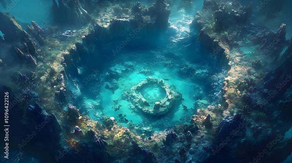 Fototapeta premium Mystical underwater ruins glow in turquoise waters, showcasing nature's art.