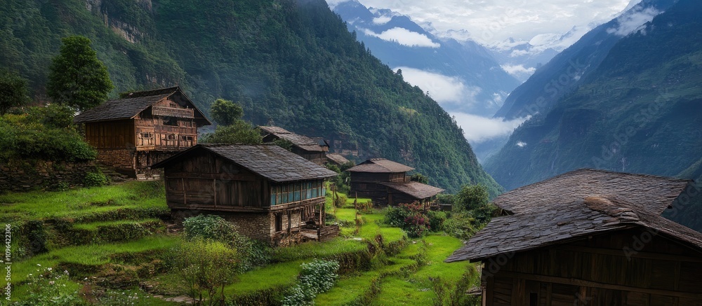 Mountain Village Surrounded by Lush Greenery and Dramatic Peaks Under a Cloudy Sky Mountain Village Surrounded by Lush Greenery and Dramatic Peaks Under a Cloudy Sky