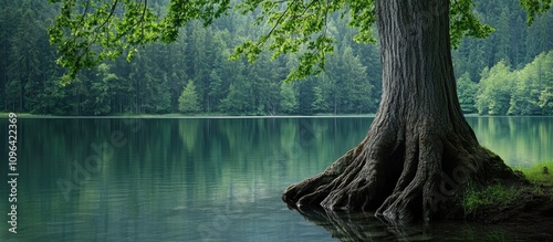 Fototapeta Naklejka Na Ścianę i Meble -  Majestic tree trunk rising from serene lake surrounded by lush greenery and tranquil waters reflecting a peaceful natural landscape