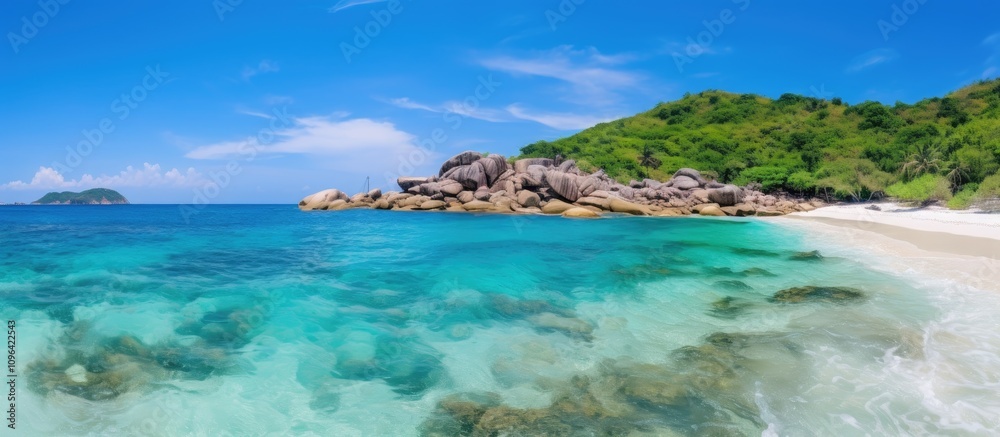 Naklejka premium Promthep Cape serene blue waters and pristine sandy beaches under a clear sky with lush greenery in the background