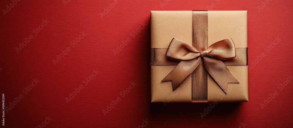 Elegant gift box with brown ribbon and bow on vibrant red background Flat lay arrangement for holiday or special occasion celebration Elegant gift box with brown ribbon and bow on vibrant red background Flat lay arrangement for holiday or special occasion celebration