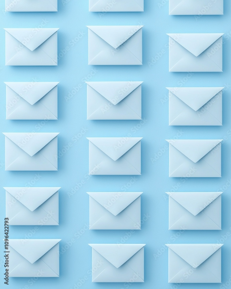 A flat lay of light blue envelopes arranged in a grid on a pastel blue background, conveying a sense of organization and communication. A flat lay of light blue envelopes arranged in a grid on a pastel blue background, conveying a sense of organization and communication.