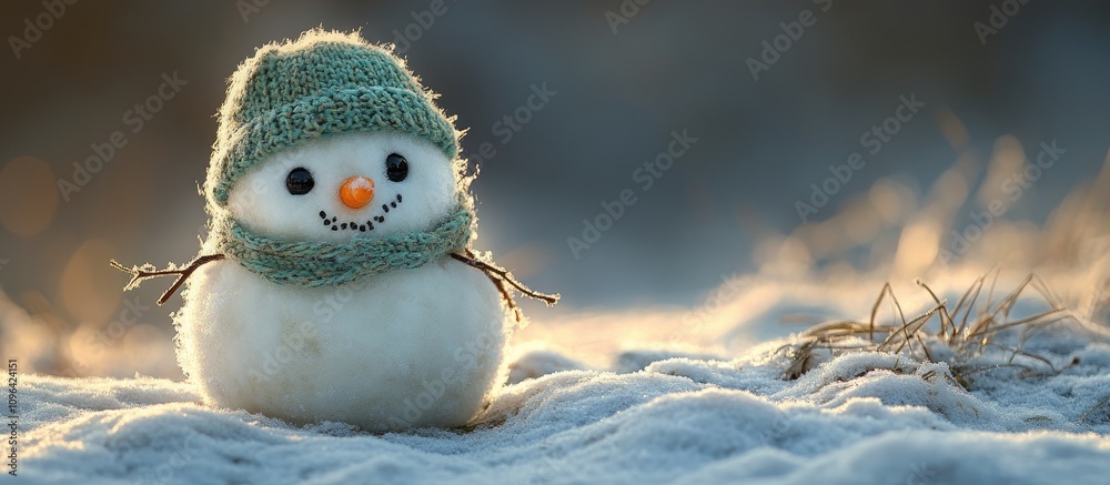 Obraz premium Charming snowman with a green hat nestled in textured snow on a hill during a serene winter day illuminated by soft sunlight