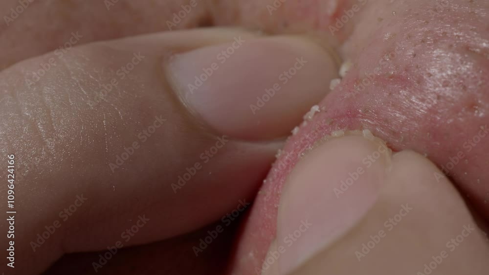 Squeezing pimples on the nose with hands. Pushing and squeezing to release the clogged acne sebum. Close up skin pore clogged acne sebum. Many clogged acne released on the nose. Skin problem concept. Squeezing pimples on the nose with hands. Pushing and squeezing to release the clogged acne sebum. Close up skin pore clogged acne sebum. Many clogged acne released on the nose. Skin problem concept.
