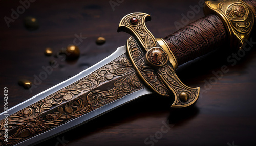 medieval, battle sword, ornate, carvings, gemstones, fantasy weapon, historical, intricate, craftsmanship, rustic, aged, decorative axe, fantasy art, weapon design