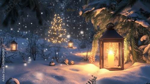 Peaceful winter forest with soft snowflakes and lantern light