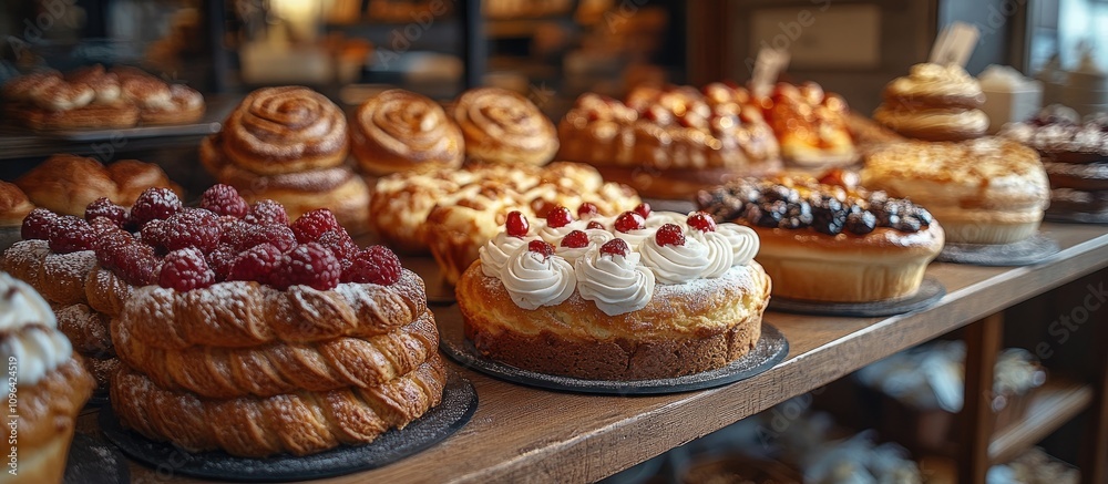 Artisan bakery display showcasing an array of beautifully crafted pastries and desserts in a charming shop setting Artisan bakery display showcasing an array of beautifully crafted pastries and desserts in a charming shop setting