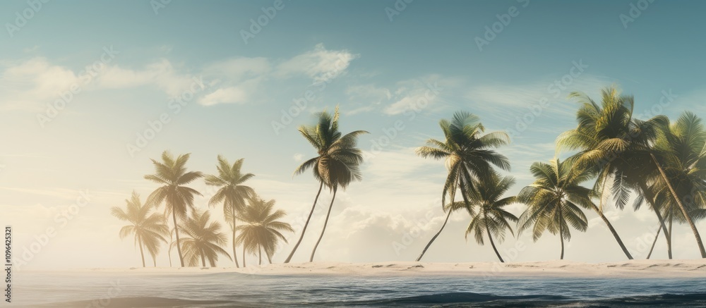 Fototapeta premium Serene beach scene with lush palm trees against a tranquil ocean and clear sky during sunrise or sunset