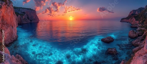 Luminous rock beach at sunset with dramatic sky and tranquil waters reflecting vibrant colors in a serene coastal landscape. photo