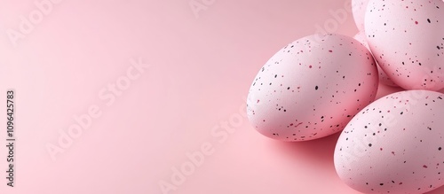 Pink Easter eggs with speckles arranged on a soft pink backdrop offering ample space for text and seasonal promotions. photo