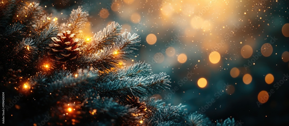 Fototapeta premium Festive Christmas tree adorned with lights and pinecones against a vibrant bokeh background creating a warm holiday atmosphere
