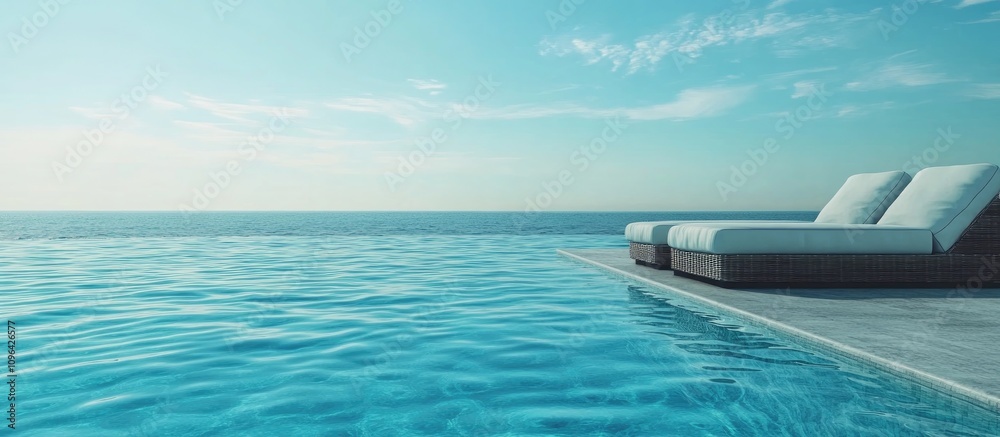 Fototapeta premium Serene infinity pool and beach lounge for relaxation during a luxurious holiday escape at sunset by the ocean