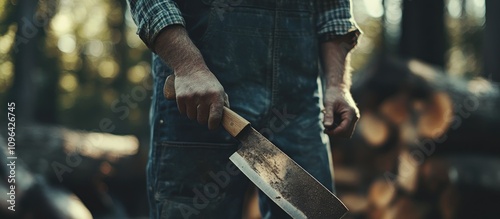 Man holding a cleaver in a forest setting preparing to cut wood with logs in the background showcasing outdoor craftsmanship and strength