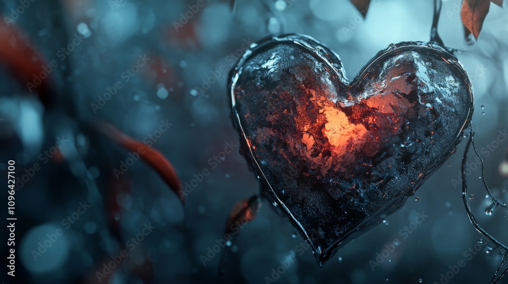 Frozen heart with fiery core amidst enchanted forest setting
