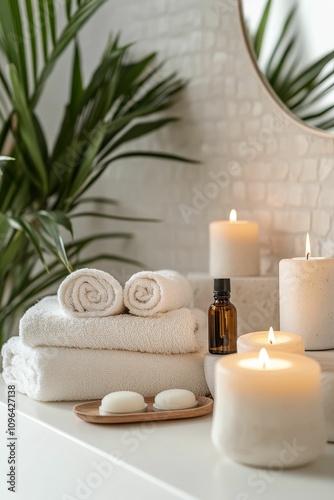 Spa setting: candles, towels, oil, soap.