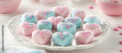 Colorful heart-shaped sweet tart candies decorated with sprinkles on a white plate for Valentine's Day celebration.