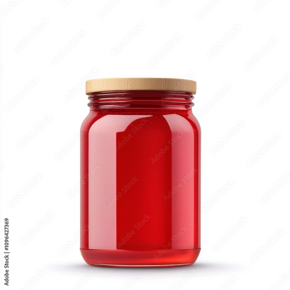 A glass jar filled with vibrant red contents, topped with a wooden lid, showcasing a modern and minimalist design. A glass jar filled with vibrant red contents, topped with a wooden lid, showcasing a modern and minimalist design.
