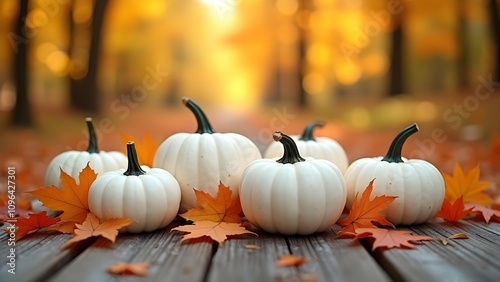 Autumnal Serenity: White Pumpkins Amidst Fall Foliage photo