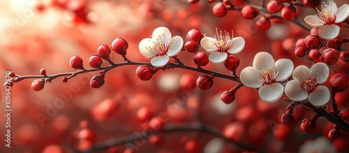 Elegant Lunar New Year background with white plum flowers and festive decorations offering a serene atmosphere and space for personalized messages