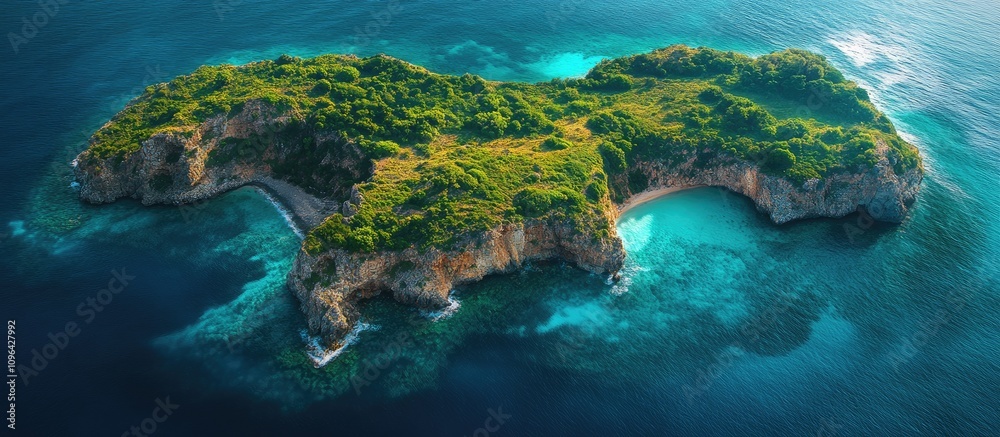 Naklejka premium Aerial view of a lush uninhabited island surrounded by clear blue waters and rocky shorelines ideal for nature and travel themes