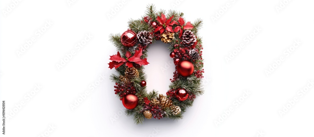 Christmas themed number zero wreath with ornaments and pine cones on a white background for holiday decorations and marketing ideas Christmas themed number zero wreath with ornaments and pine cones on a white background for holiday decorations and marketing ideas