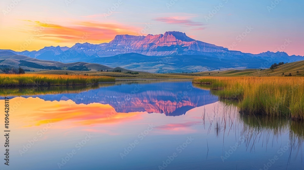 Sunrise mountain reflection in calm lake.