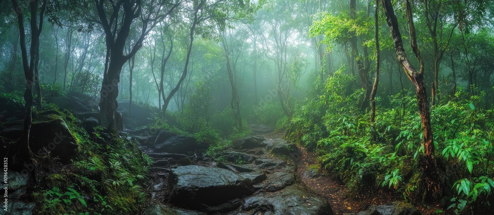 Misty forest landscape at dawn on a mountain showcasing lush greenery and rocky terrain enveloped in fog.