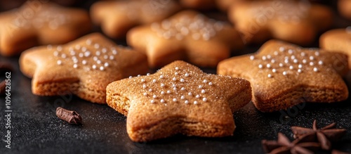 Star shaped gingerbread cookies decorated with pearls on a dark surface surrounded by spices creating a festive and cozy atmosphere