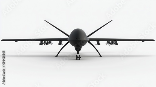 Anti tracking protection concepts. A sleek, black military drone is depicted from the front, showcasing its wings and weaponry in a minimalistic, light background. photo