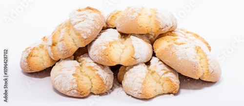 Ricciarelli almond pastries stacked on white background ideal for Christmas decorations and sweet treat promotions with space for text photo