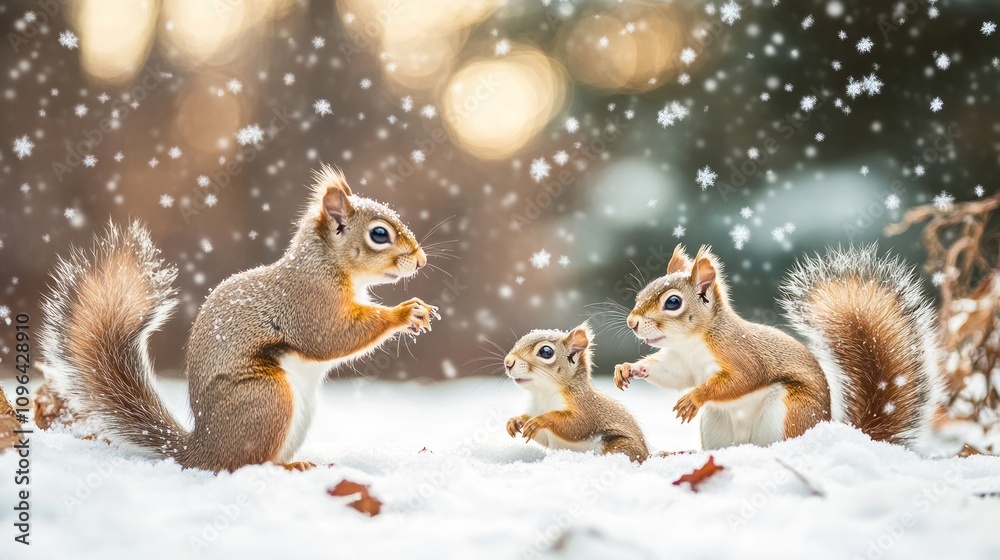 Three squirrels play in the snow, surrounded by falling snowflakes and a serene winter backdrop. Three squirrels play in the snow, surrounded by falling snowflakes and a serene winter backdrop.