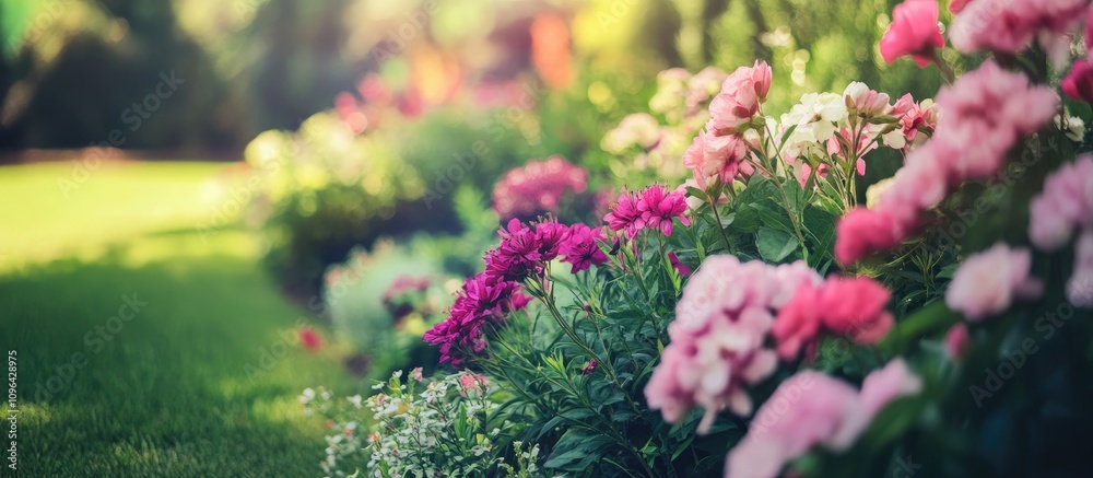 Obraz premium Vibrant flower garden showcasing colorful blossoms and lush greenery in a serene landscape setting