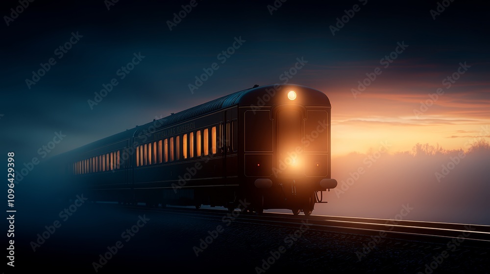 a train traveling through a foggy forest at sunset, with the sky in the background illuminated in a beautiful array of oranges, pinks, and purples The train is sil a train traveling through a foggy forest at sunset, with the sky in the background illuminated in a beautiful array of oranges, pinks, and purples The train is sil