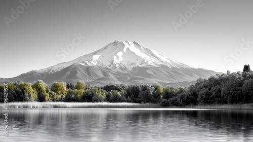  a black and white photo of a lake with a mountain in the background The lake is surrounded by trees and the mountain is covered in snow The sky is visible at the