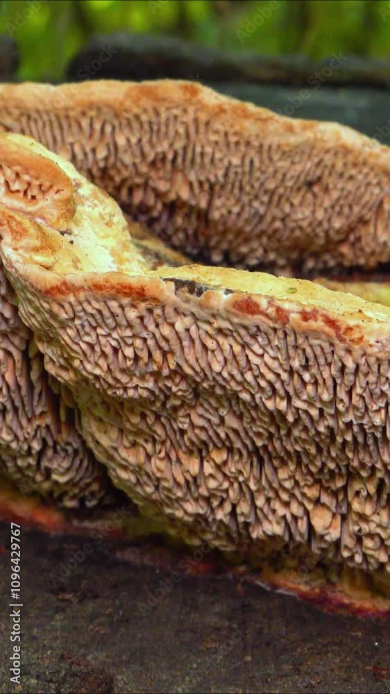 The thick-walled maze polypore Fomitopsis quercina - saprophytic fungus on oak tree stump in garden, Ukraine The thick-walled maze polypore Fomitopsis quercina - saprophytic fungus on oak tree stump in garden, Ukraine
