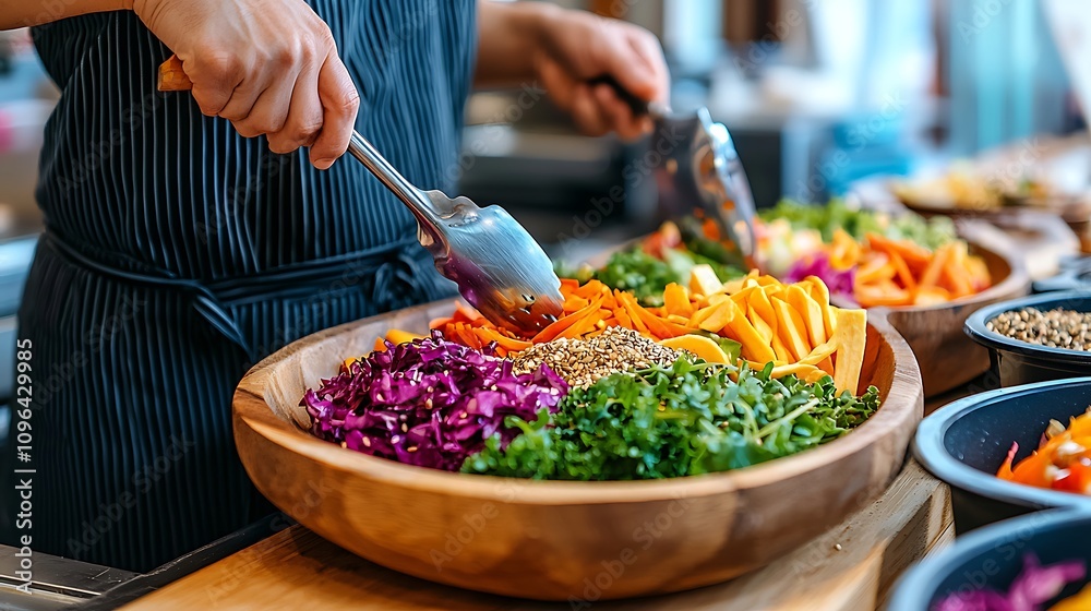 Obraz premium Vibrant Display of Fresh Raw Lettuce and Colorful Vegetables Prepared for a Delicious Salad in a Kitchen Setting