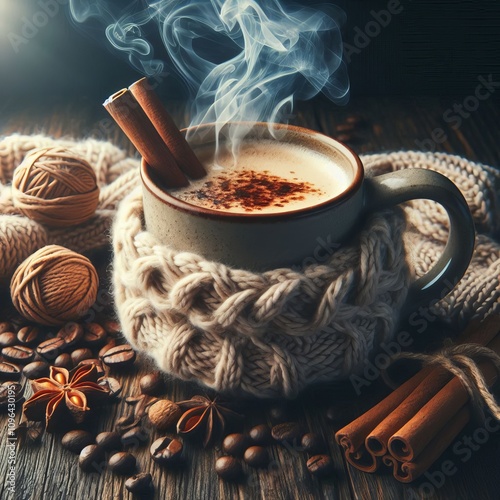 Image A steaming mug of coffee with a knitted scarf wrapped arou photo