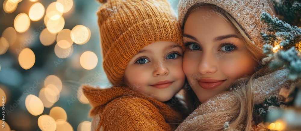 Mother and daughter joyfully decorating the Christmas tree together in a warm, cozy winter atmosphere with soft bokeh lights in background Mother and daughter joyfully decorating the Christmas tree together in a warm, cozy winter atmosphere with soft bokeh lights in background