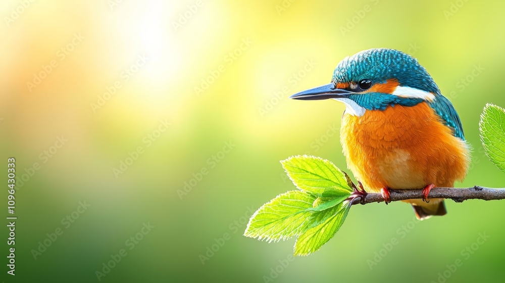 Fototapeta premium a colorful kingfisher perched atop a tree branch with green leaves, its vibrant colors of orange, blue, white, black, orange and green standing out against the blur